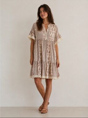 Anany Tiered Lace Trim Floral Patchwork Dress S Cottagecore Boho